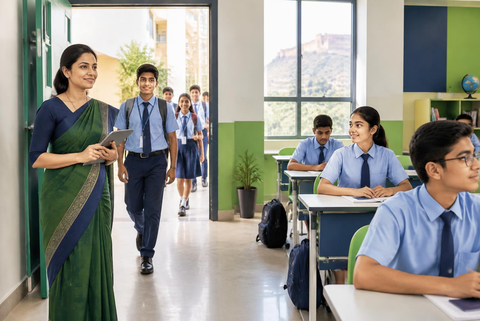 A teacher and students in a school corridor, representing attendance updating live across the school